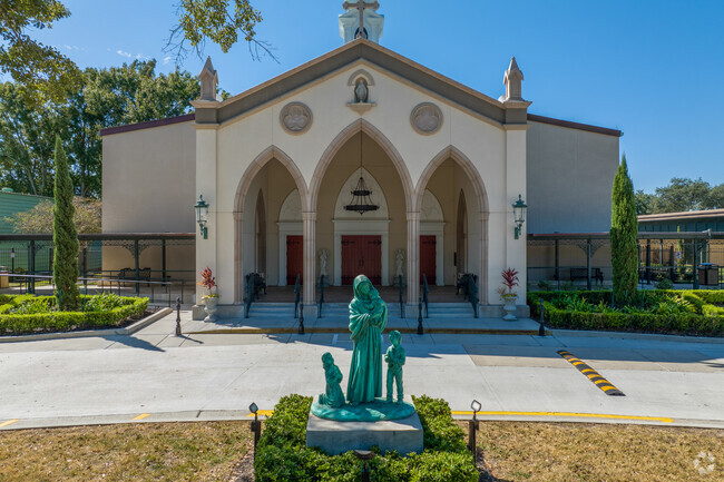 St. Andrew the Apostle Roman Catholic School front entrance in the Old Aurora neighborhood.