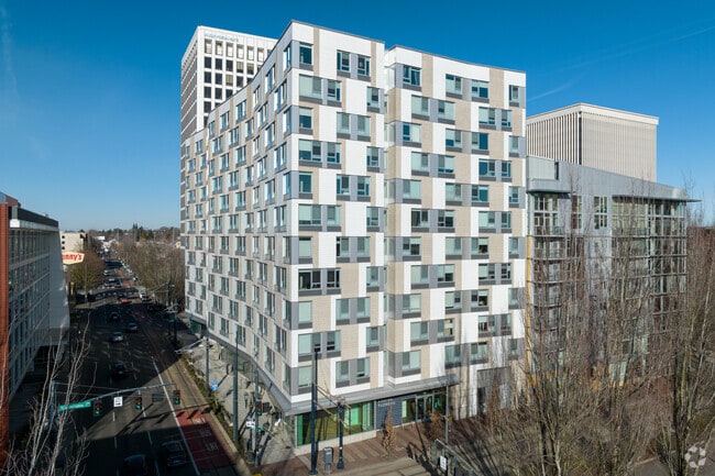 New condos with various stories present wide and tall at the Lloyd District in Portland, Oregon.