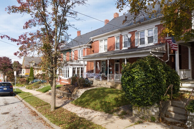 Mixed-style colonial homes sit nicely on sidewalk-lined streets in Red Lion, PA.