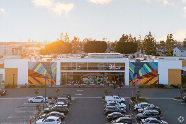 Elevated views of Rodeo 39 Public Market, in Stanton, at golden hour.