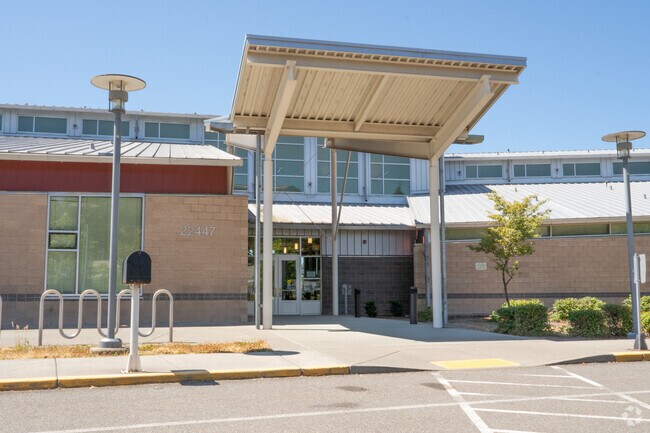 Midway Elementary School front entrance in the Central Des Moines neighborhood of Washington.
