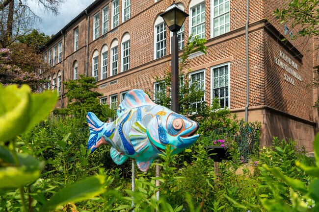 Roland Park Elementary Middle School features a charming outdoor garden in Wyndhurst.