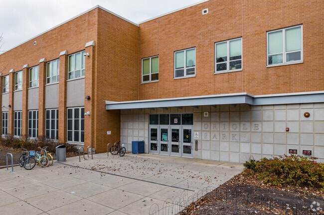 Oriole Park Elementary School features a brick and concrete exterior.