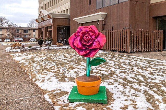 Rosedale Tower in Fairview Southwest hosts one of Roseville’s 20 custom-designed rose sculptures.