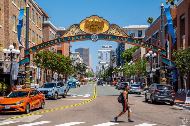 The famous Gaslamp Quarter sign welcomes visitors and residents alike in Downtown San Diego.