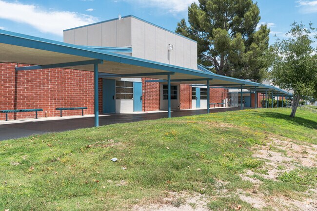 Students go to class under covered walkways at Mitchell Community Elementary in Canyon Country.