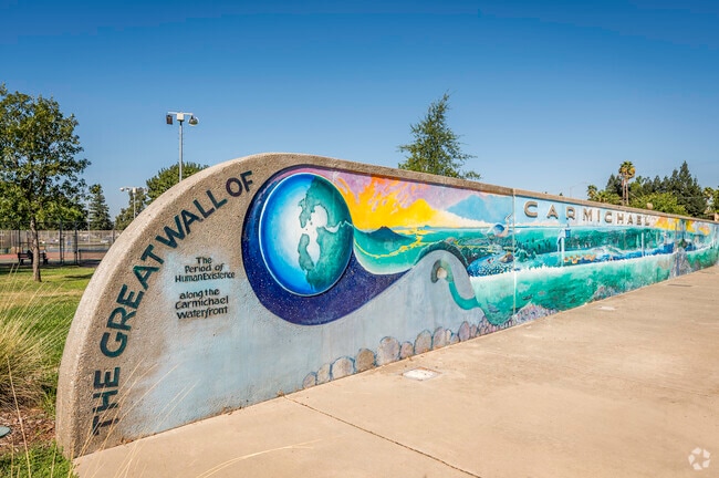 The wall art at Carmichael Park is a great mural welcoming you to Carmichael.