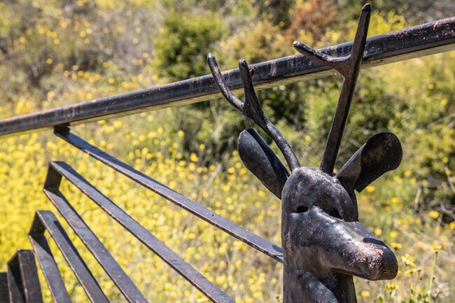 Flowers bloom in the hills of Whittier where decorative iron gates front trailhead entrances.