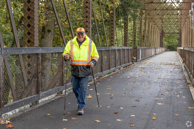 Residents of Coburg Oregon enjoy walking on the rails to trails that passes by the edge of town.