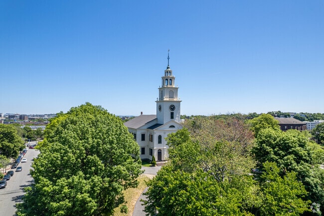Fort Hill has a historical church right in front of Roxbury Heritage Park.