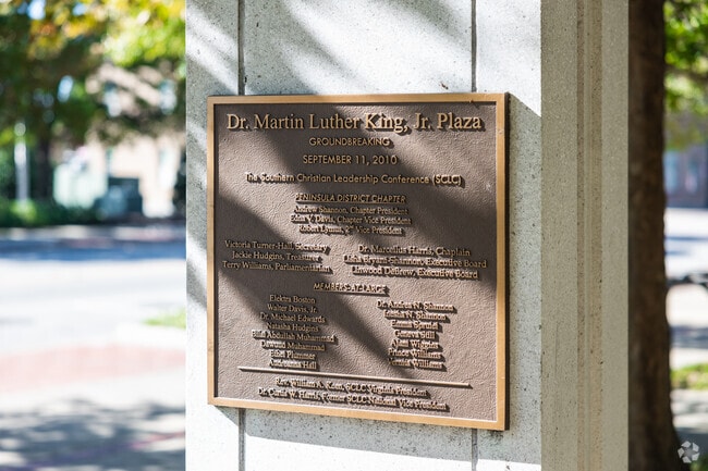 The Martin Luther King Jr. Plaza is located in Marshall and features a walkway and benches.