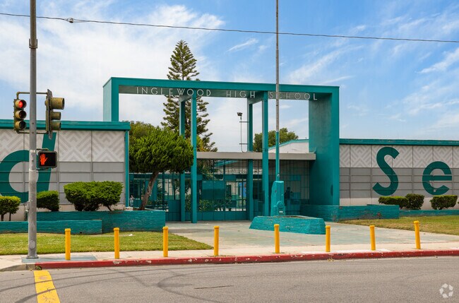Inglewood High School is brightly colored and has a modern design.