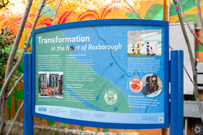 A sign in Roxborough commemorates the steps taken to revitalize the community.