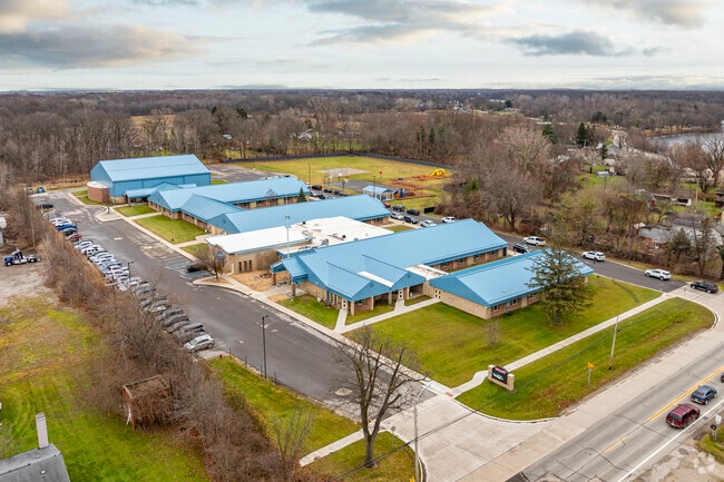 The main entrance to Brown Elementary School is located on the North side of the building.