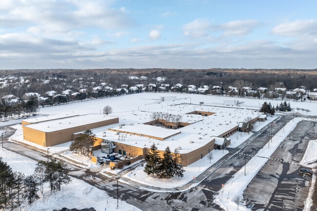 Hart Middle School entrance aerial view.