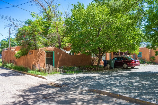 Homes sit on tight, gravel-covered streets in West Guadalupe Historic, Santa Fe.