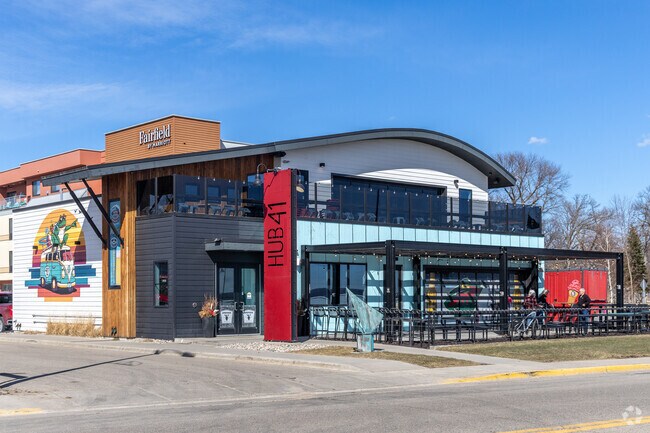 Hub 41 is a popular lakeside restaurant with two levels of outdoor seating.