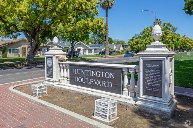 A large sign greets visitors to Fresno's historic Huntington neighborhood.