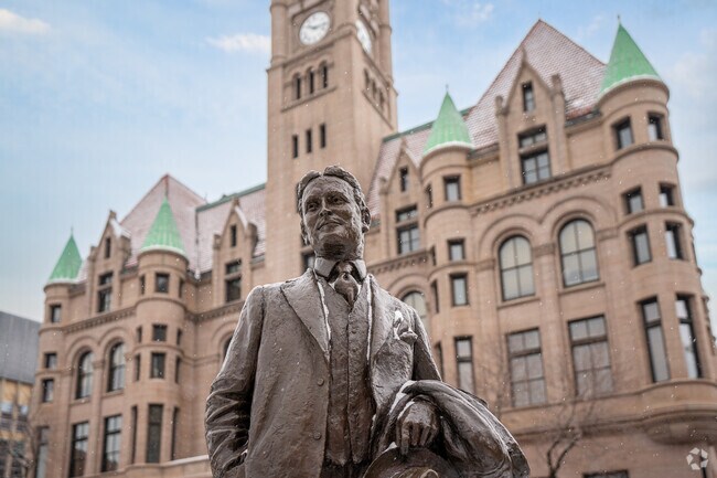 St. Paul-born author F. Scott Fitzgerald is commemorated in front of the Landmark Center.
