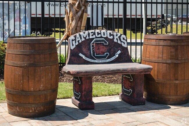 This artistic Gamecocks bench is outside J's Corner Restaurant, an Olympia-Granby eatery.