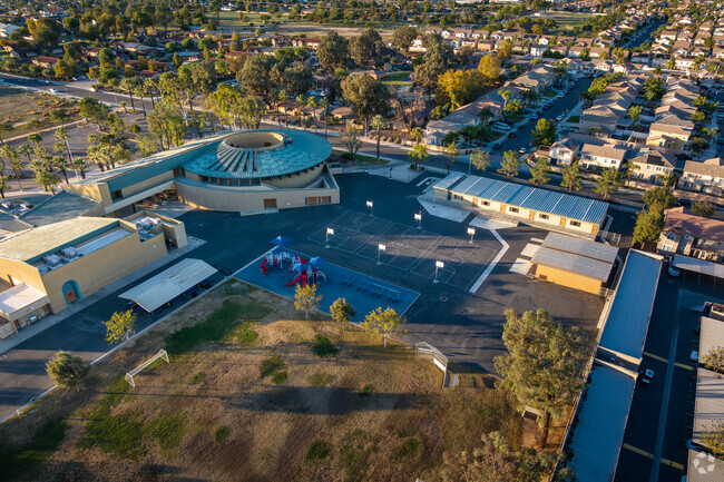 A sprawling aerial view of the Palms Elementary School campus in Perris.