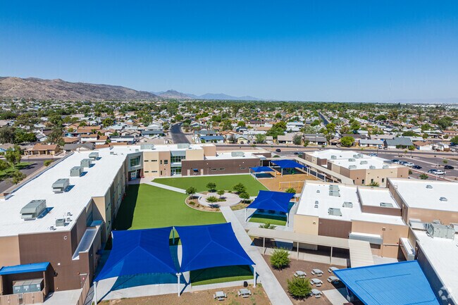 Aerial view of Commons area between all of the buildings, Nevitt Elementary School.