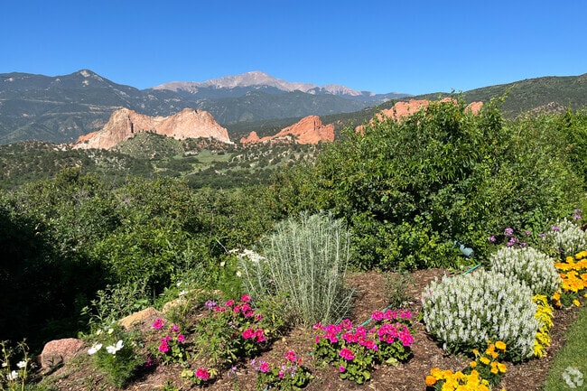 The Garden of the Gods neighborhood offers views of Pikes Peak.