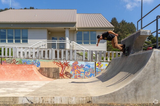 Flow around the concrete waves at the Yachats Commos skatepark.
