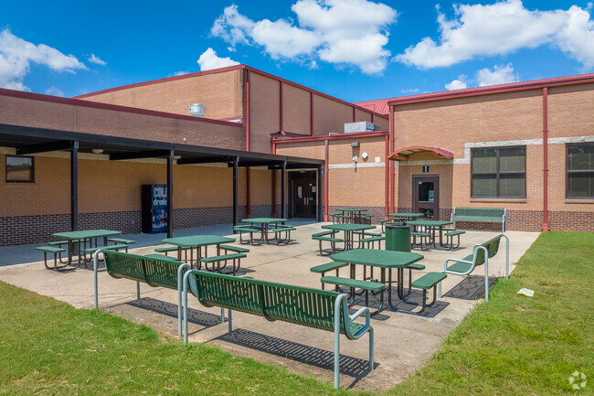 Close up shot of the picnic tables