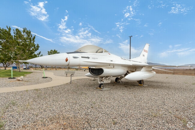 A couple of jet planes sit at the entrance to Lockheed Martin in West Lancaster.