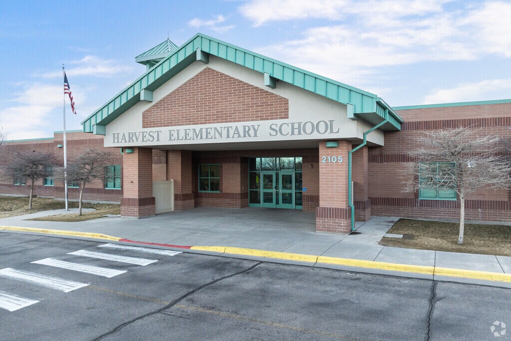 Harvest Elementary School in Saratoga Springs has a wide cross walk leading to its entrance.