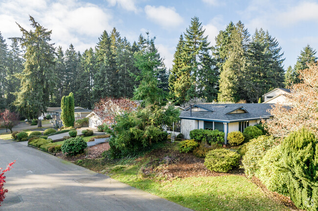 Homes in Wollochet have shallow front lawn and complex landscaping.