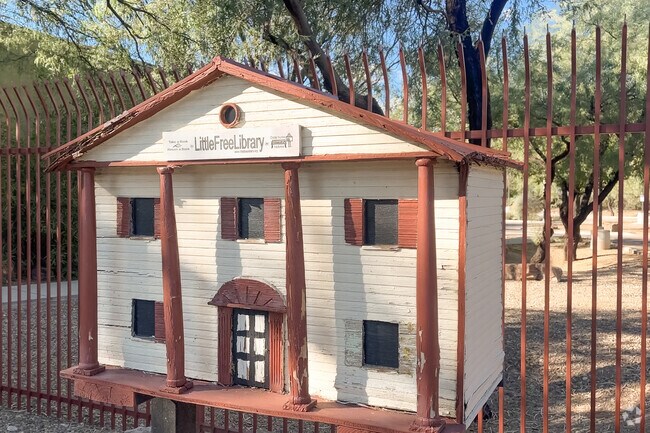 A Little Free Library in Creekside was fabricated like a miniature building in Creekside.