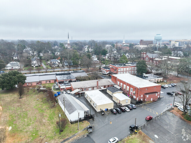 An aerial view of a foggy day at Coltrane-Webb Elementary School.