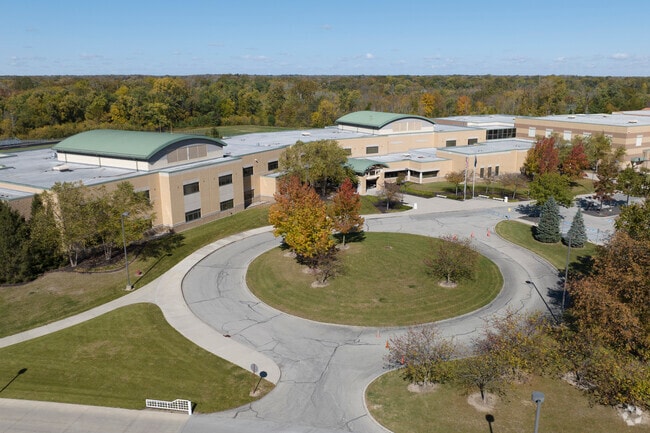 A roundabout greets students and visitors at Riverside Junior High School in Fishers.