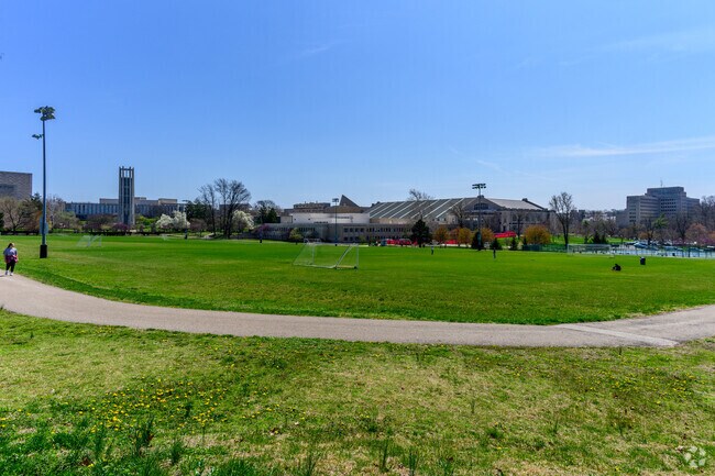 Dunn Meadow is a large green space with playing fields on IU's campus, near Old Northeast.
