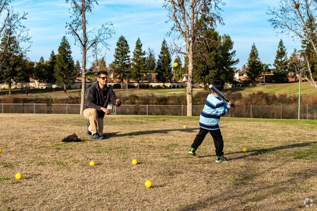 A father and son practice swinging the bat at Pin Oak Park in The Oaks.