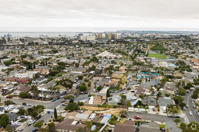 Aerial of Southcrest and its connection to Barrio Logan and the San Diego bay.
