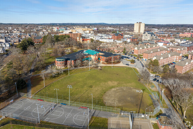 An aerial overview of the Charlotte M. Murkland Elementary School in Lowell, MA.