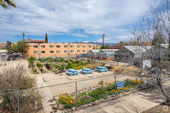 The community garden at Rincon Heights has picnic tables for residents to enjoy.