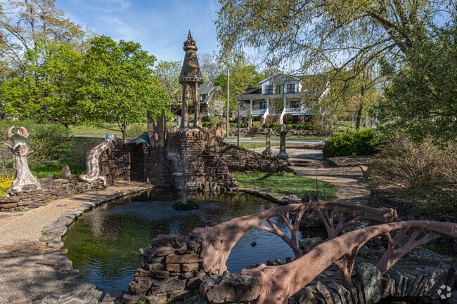 Stone-decorated paths and the Ornate Tower of the Wilson Park Castle.