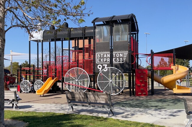 Children are thrilled by the Stanton Express train-themed playground at Stanton Central Park.