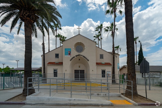 The entrance at Our Lady Of Guadalupe is lined with rails up the ramp.