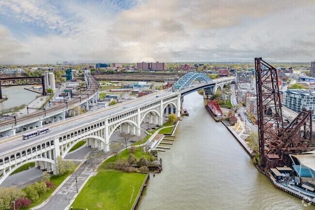 West Bank is bordered by the Cuyahoga River and surrounded by Cleveland's many bridges.