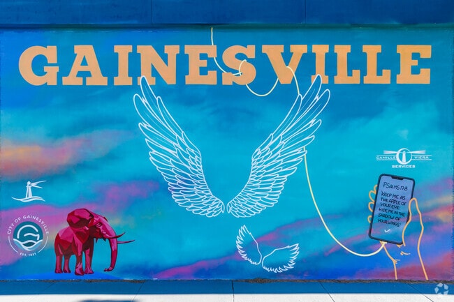 In Gainesville, vibrant murals decorated with intricate patterns and bright colors contribute to a captivating visual landscape that enhances the neighborhood.