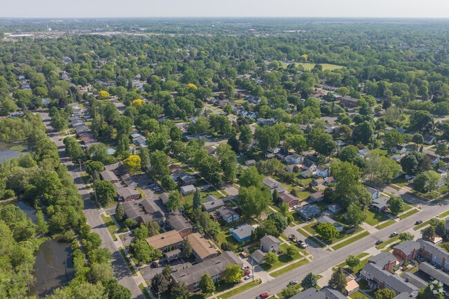 Aerial view of the Groesbeck neighborhood with the Grand River flowing past.
