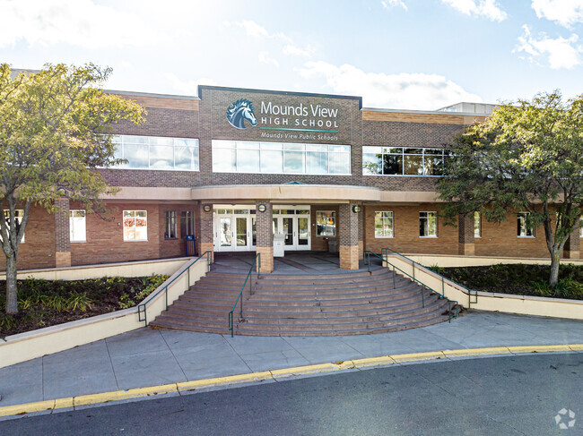 The front entrance of Mounds View High School.