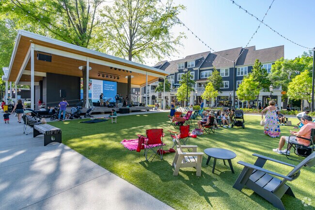 Huntersville families can enjoy the amphitheater at popular Birkdale Village.