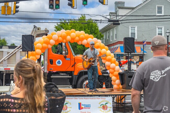 A stage is set up in the center of town for a variety of acts at the Peach Festival.