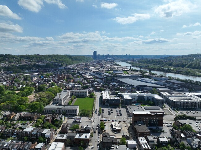 Aerial of Pittsburgh Arsenal K-5 facing Downtown Pittsburgh.